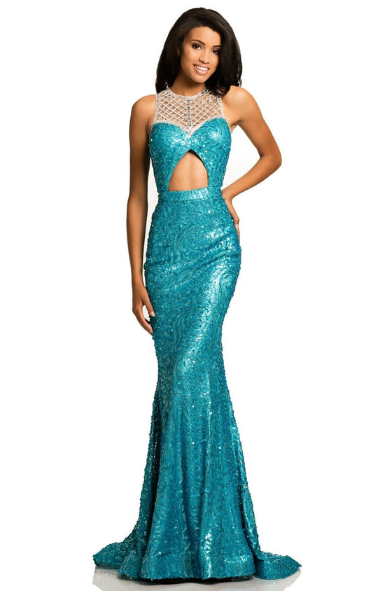 Johnathan Kayne - 8104 Fitted Sequin Lattice Evening Gown In Blue