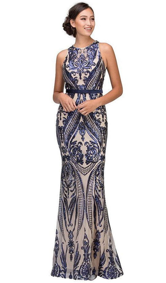 Eureka Fashion - Sleeveless Sequined Jewel Neck Sheath Evening Dress