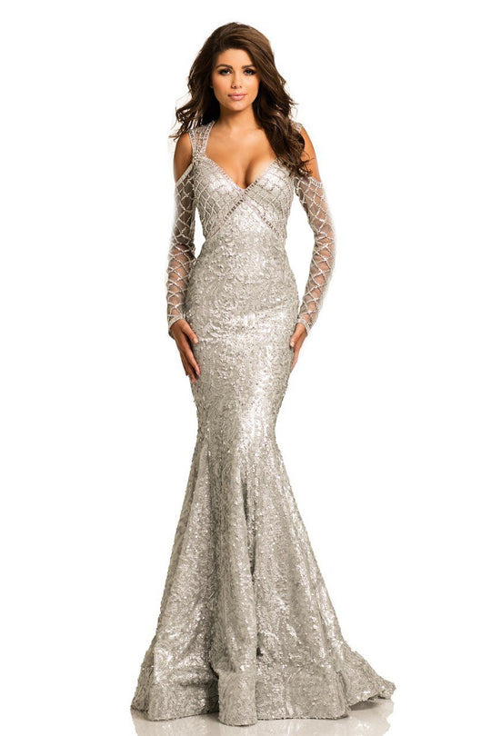 Johnathan Kayne - 8106 Cold Shoulder Beaded Mermaid Gown in Silver