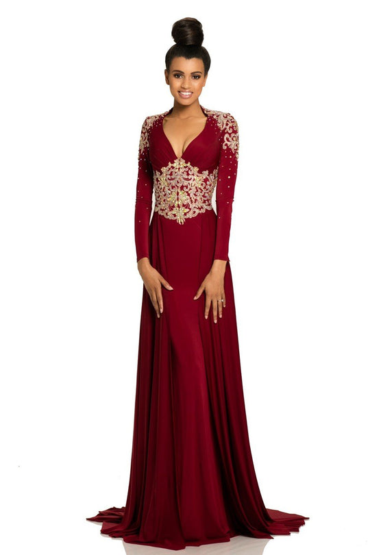 Johnathan Kayne - 8107 Queen Anne Embellished Jersey Gown in Red and Gold