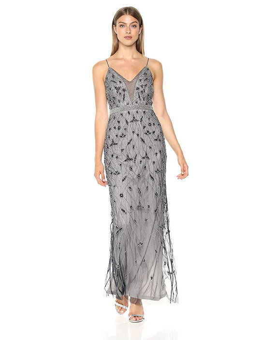 Adrianna Papell - AP1E202406 Embellished V-Neck Sheath Evening Dress In Blue and Silver