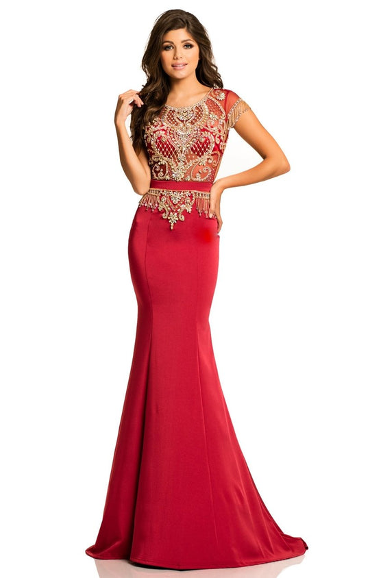 Johnathan Kayne - 8108 Fringed Cap Sleeve Ornate Illusion Gown In Red and Gold