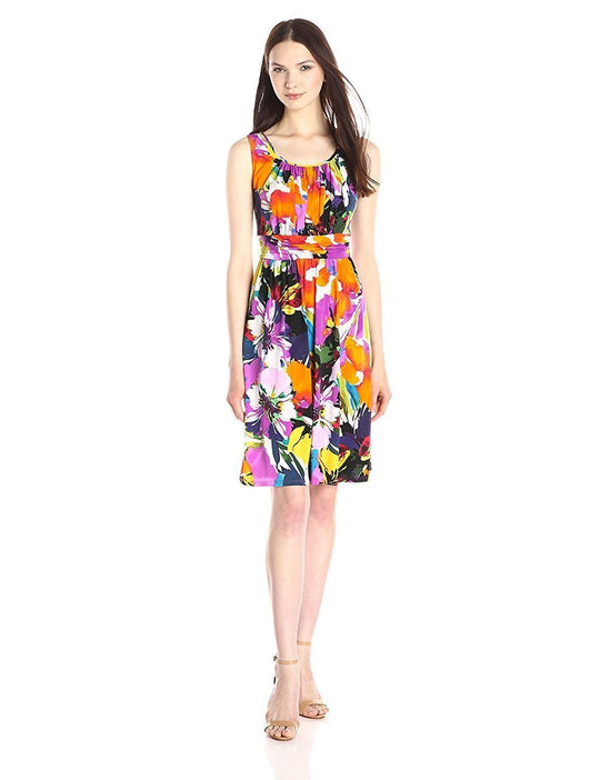 Kasper - 10564630 Floral Pleated Jersey Cocktail Dress in Multi-Color