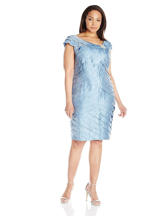 London Times - L0381W Bateau Neck Shutter Cocktail Dress in Blue