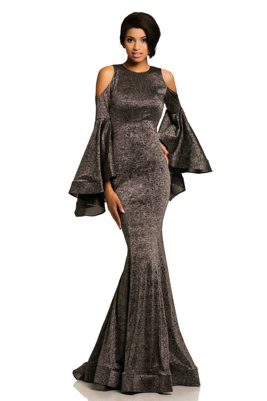 Johnathan Kayne - 8111 Bell Sleeve Glitter Knit Gown in Black