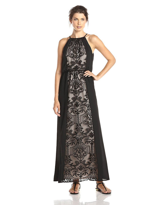 London Times - L1334M Halter Neck Lace Inset Long Dress in Black and Neutral