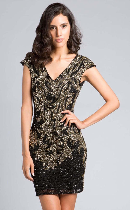 Lara Dresses - 33439 V-neck Shimmering Cocktail Dress In Black and Gold