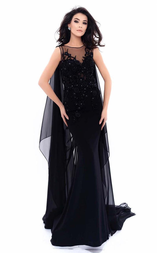 Tarik Ediz - 93305 Caped Foliage Ornate Corset Sheath Gown In Black