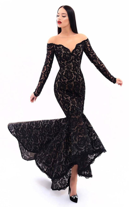 Tarik Ediz - 93310 Long Sleeve Off-Shoulder Detail Lace High-Low Gown In Black