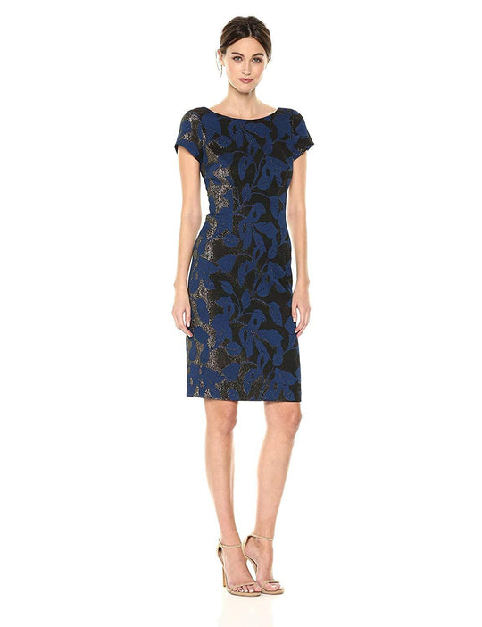 Adrianna Papell - AP1D101402 Short Sleeve Metallic Jacquard Dress In Blue and Print
