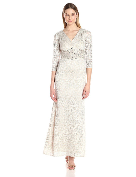 Alex Evenings - 1121776 Lace V-Neck Column Dress in Neutral