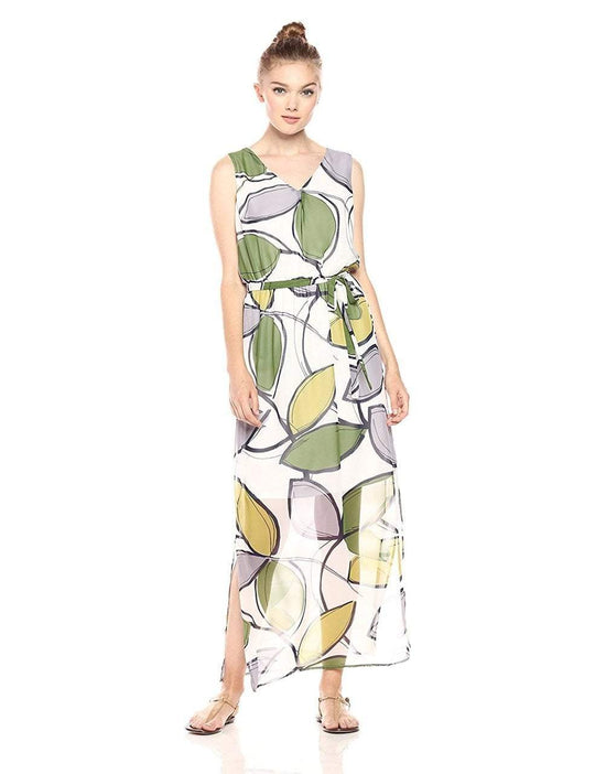 Nine West - 10642834 Sleeveless V Neck Tie Waist Maxi Dress in Green and Multi-Color
