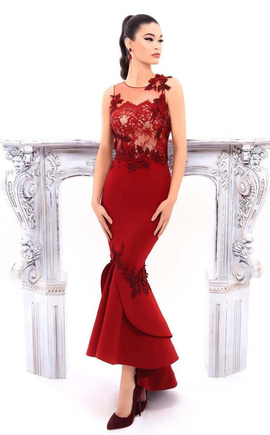 Tarik Ediz - 93320 Crepe and Lace High Low Gown In Red