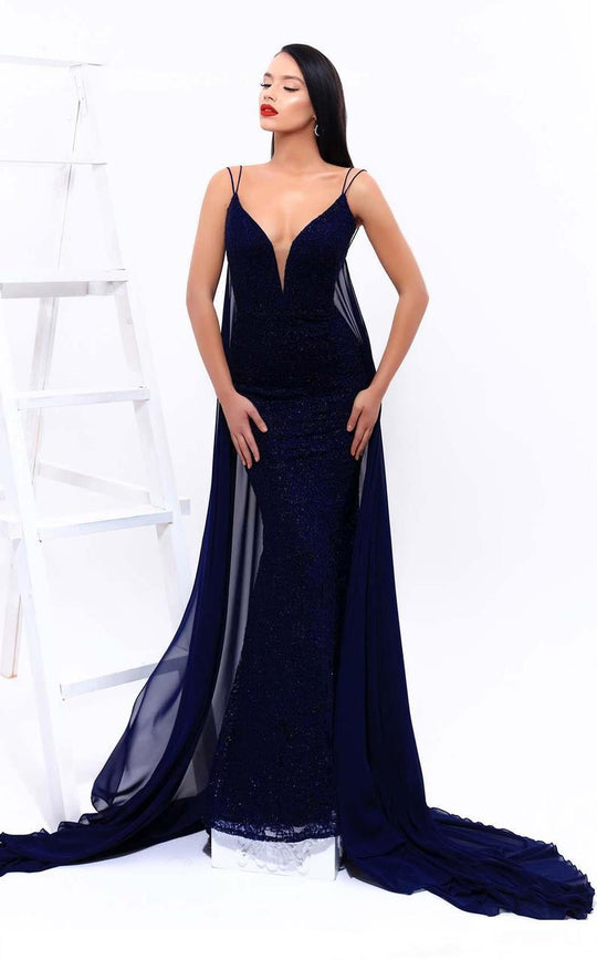 Tarik Ediz - 93322 V-Neck Lace and Chiffon Gown with Cape In Blue