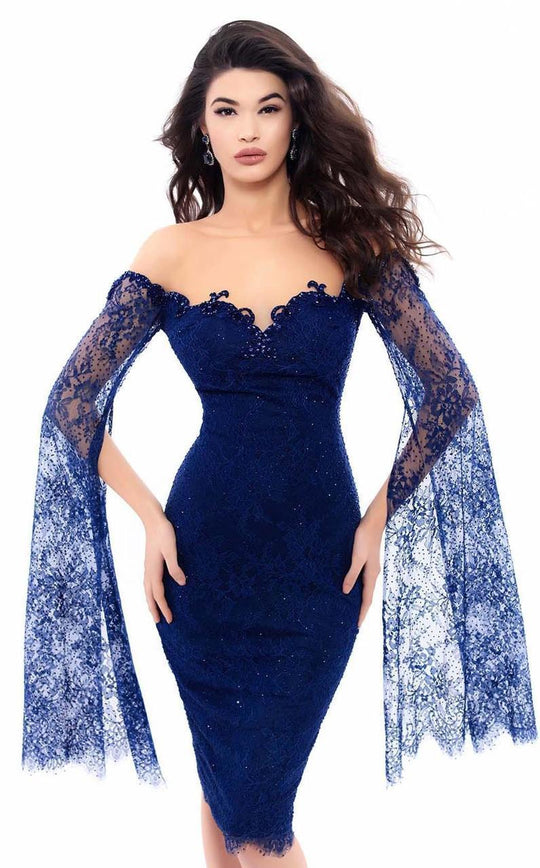 Tarik Ediz - 93329 Long Cascade Sleeve Illusion Lace Dress In Blue