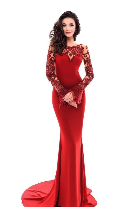 Tarik Ediz - 93337 Long Sleeved Embellished Crepe Gown In Red
