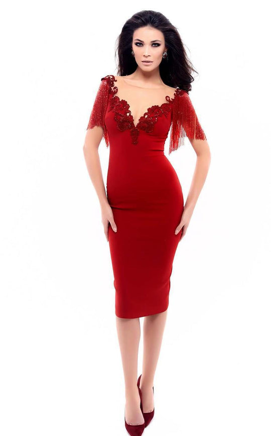 Tarik Ediz - 93338 Fringed Fitted Cocktail Dress In Red