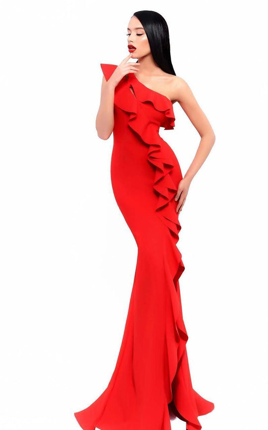 Tarik Ediz - Ruffled One Shoulder Mermaid Dress 93339 in Red