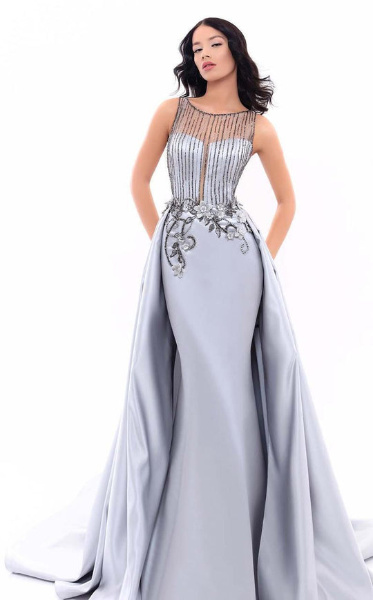 Tarik Ediz - 93342 Sheer Neck Bejeweled Satin Sheath Gown In Silver