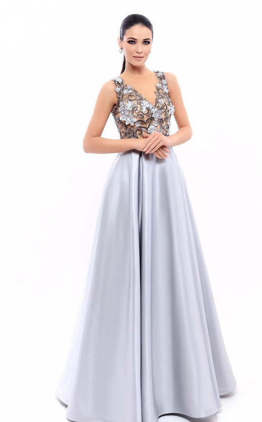 Tarik Ediz - 93343 Illusion Neckline Floral Appliqued Gown In Silver