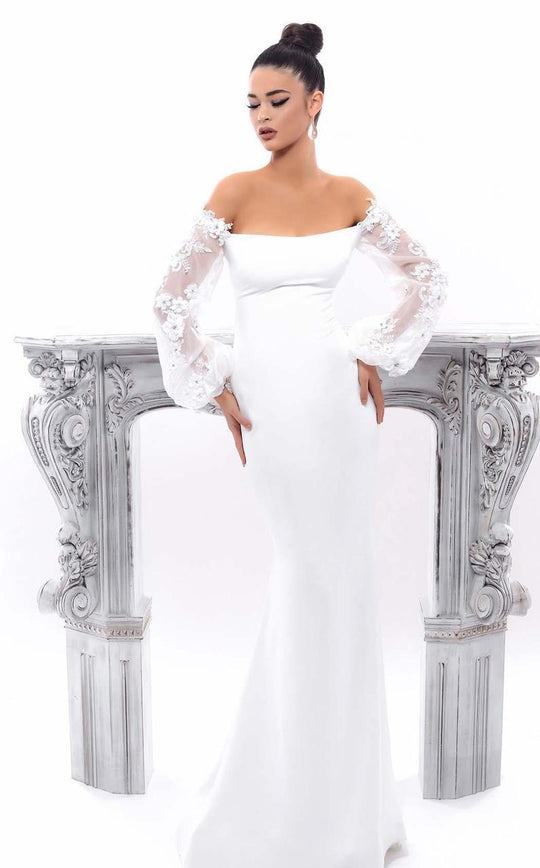 Tarik Ediz - 93348 Off Shoulder Poet Sleeved Evening Gown In White