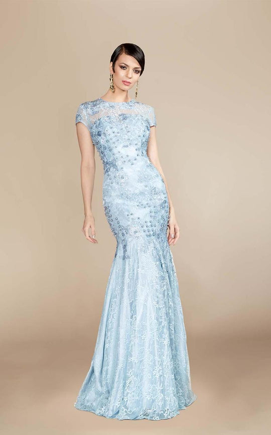MNM Couture - 9925W Elegant Jewel Neckline Mermaid Gown in Blue