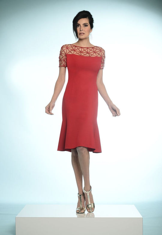 Daymor Couture - 1022 Embellished Bateau Neck Sheath Dress in Red