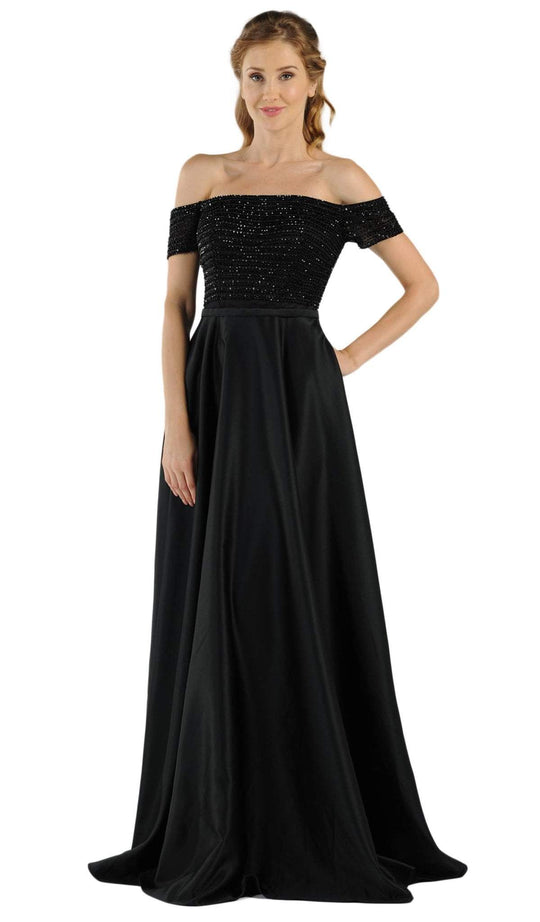 Poly USA - 8132 Beaded Off-Shoulder Satin A-line Gown With Train