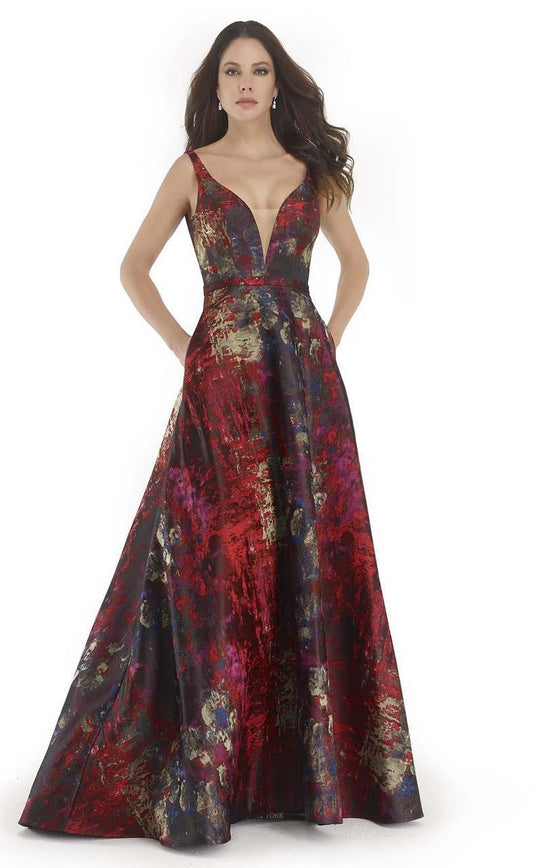 Morrell Maxie - 15622 Printed Plunging V-neck Dress In Red and Purple