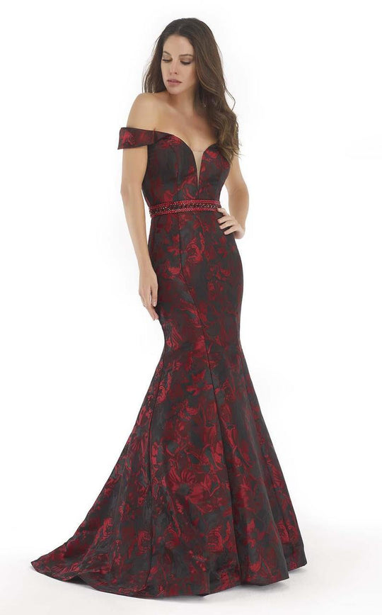 Morrell Maxie - 15623 Printed Off-Shoulder Mermaid Dress In Burgundy Black