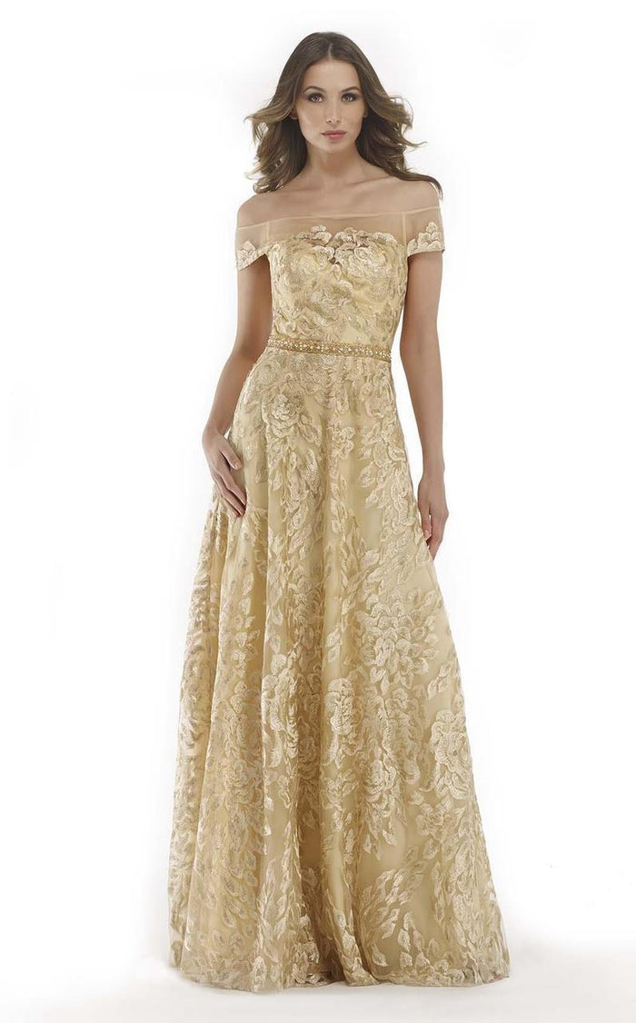 Morrell Maxie - 15626 Off Shoulder Floral Evening Gown In Gold