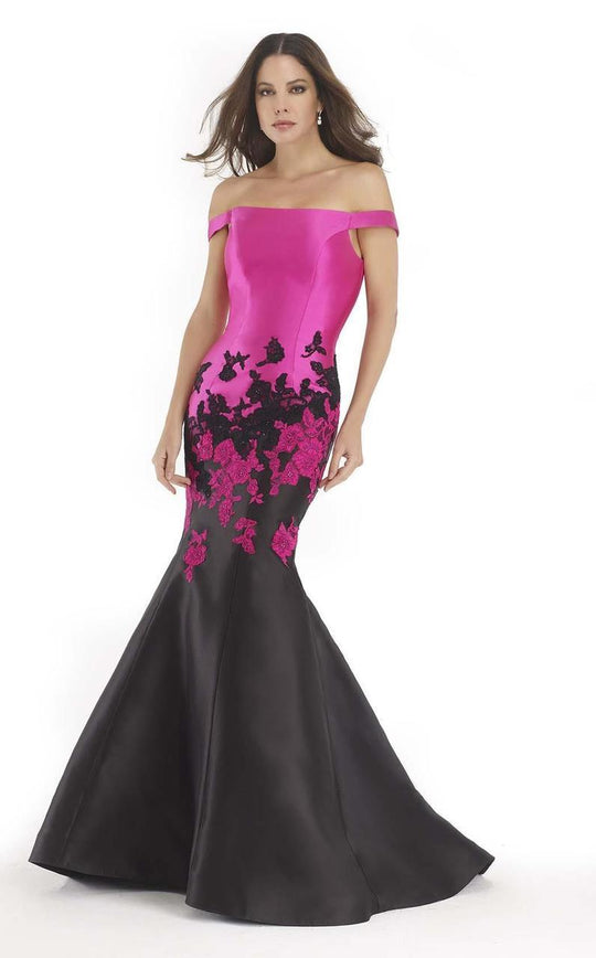 Morrell Maxie - 15644 Off The Shoulder Lace Mermaid Gown In Black and Fuchsia