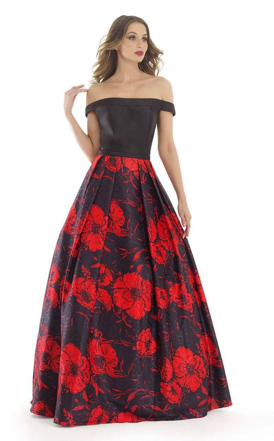 Morrell Maxie - 15673 Off Shoulder Pleated Floral Evening Gown In Black and Red