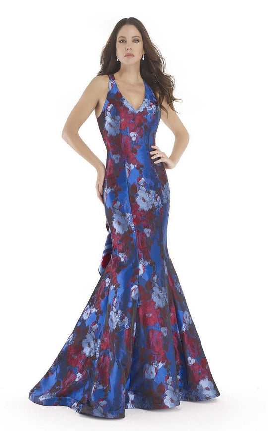 Morrell Maxie - 15693 Sleeveless Floral Print Jacquard Gown In Blue and Red