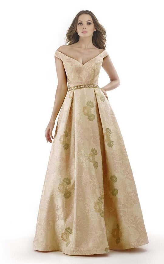 Morrell Maxie - 15694 Floral V Neck Pleated Evening Gown In Neutral and Pink