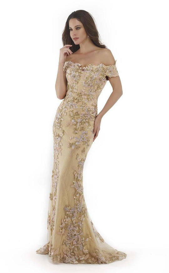 Morrell Maxie - 15695 Embroidered Off Shoulder Floral Evening Gown In Neutral and Multi-Color