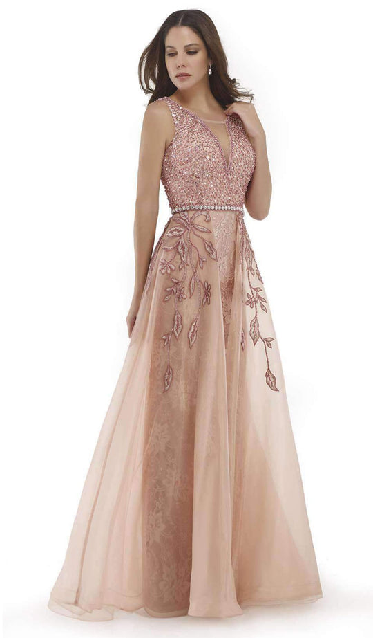 Morrell Maxie - 15696 Sparkling Deep V-Neck Evening Gown in Pink
