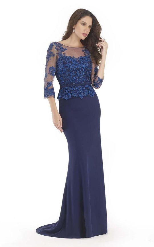 Morrell Maxie - 15723 Lace Illusion Bateau Sheath Dress In Blue