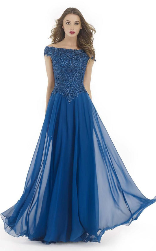 Morrell Maxie - 15732 Off-Shoulder Bejeweled Evening Gown In Blue