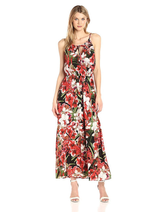 Sangria - DBFX876 Floral Printed Jersey A-line Dress in Red and Floral