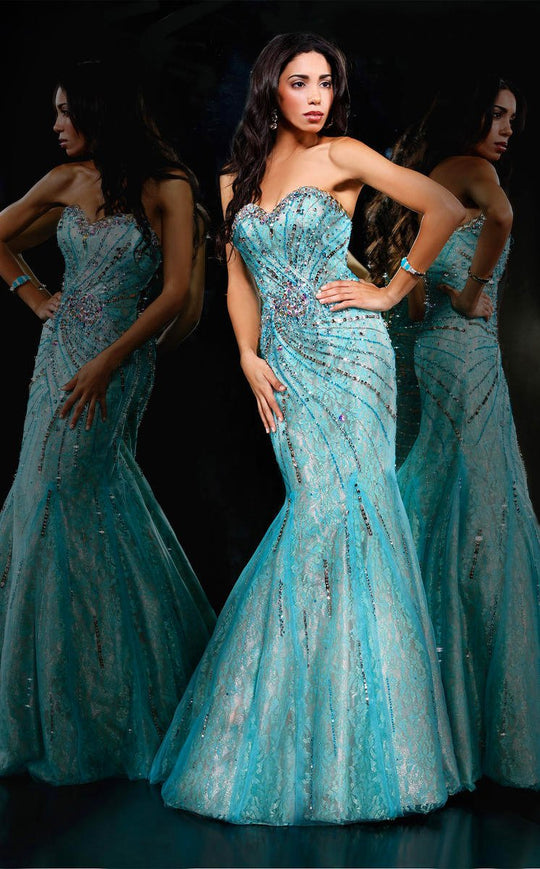 MNM Couture - 8137W Strapless Swirl Encrusted Mermaid Gown In Blue
