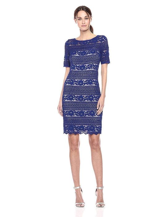 Adrianna Papell - AP1E201601 Bateau Neck Lace Fitted Dress in Blue