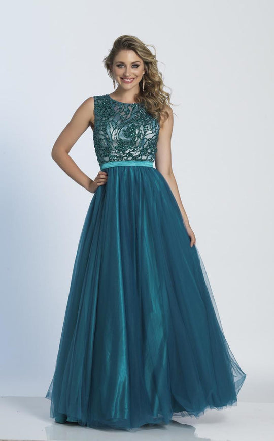 Dave & Johnny - A5274 Beaded Sheer Scoop Evening Gown in Green