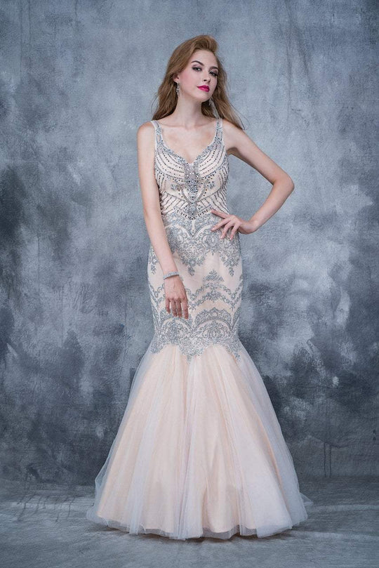 Nina Canacci - 8142 Jeweled V-neck Mermaid Dress In Neutral and Gray