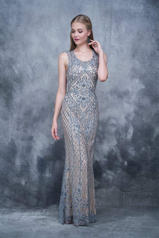 Nina Canacci - 8143 Sleeveless Diamonds Illusion Evening Dress In Neutral and Silver