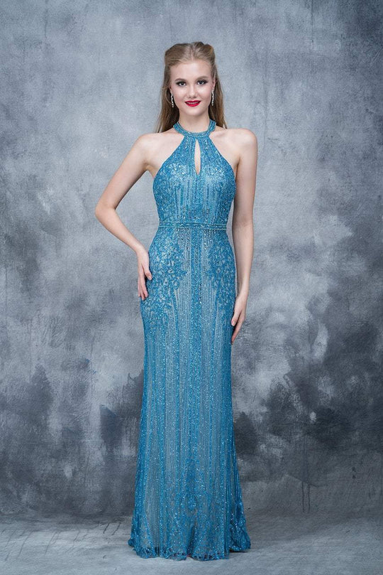Nina Canacci - 8144 Keyhole Accented Sparkling Halter Gown In Blue