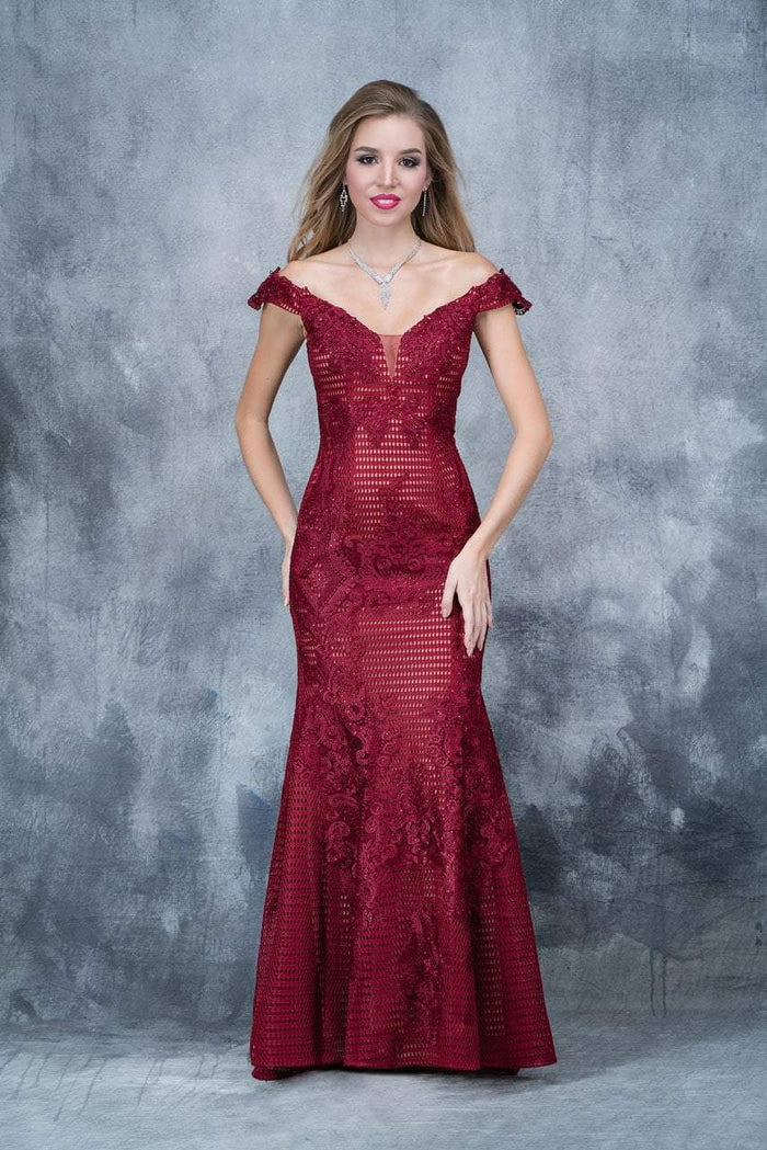Nina Canacci - 8145 Appliqued Off-Shoulder Trumpet Gown In Red