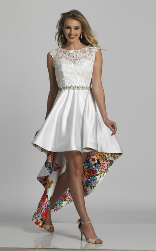 Dave & Johnny - A5802 Sleeveless Lace and Print High Low Gown in White and Print
