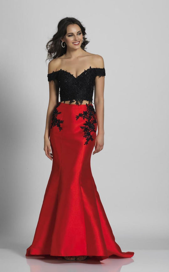 Dave & Johnny - A5967 Off Shoulder Lace Applique Evening Gown  in Red and Black