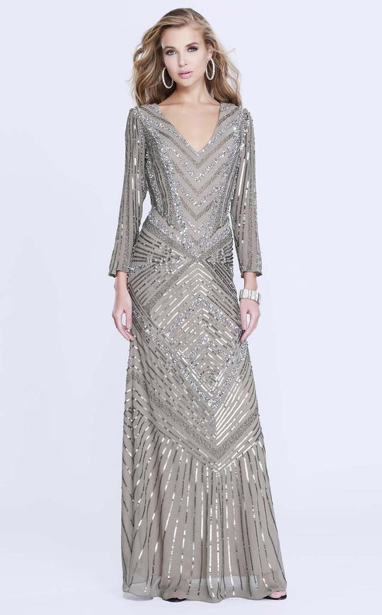 Shail K - Sequined Long Sleeve Sheath Gown 1276 in Gray